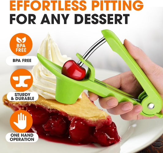 Stainless Steel Cherry and Olive Pitter – Small Cherry Pitter Tool for Easy Seed Removal, Pit Remover & Olive Press, Ergonomic One-Hand Design for Quick and Mess-Free Pitting,Green