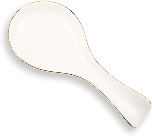 Ceramic Spoon Rest Spoon Holder Stovetop for Kitchen Stove Coffee Bar Accessories Christmas Gift(White with Gold Brim,Classic Style)