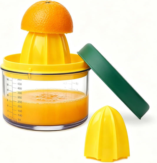 2 in 1 Lemon Orange Citrus Juicer with lid for Sanitary Storage, Manual Hand Squeezer with Built-in 16OZ Measuring Cup, Multi-function Manual Juicer with Reamers and Non-Slip Base, BPA Free