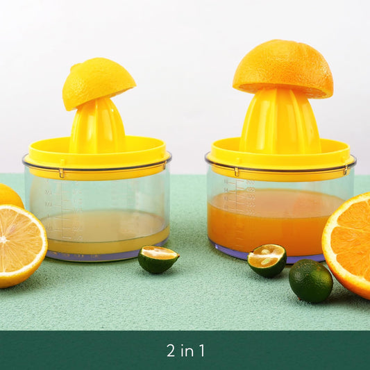 2 in 1 Lemon Orange Citrus Juicer with lid for Sanitary Storage, Manual Hand Squeezer with Built-in 16OZ Measuring Cup, Multi-function Manual Juicer with Reamers and Non-Slip Base, BPA Free