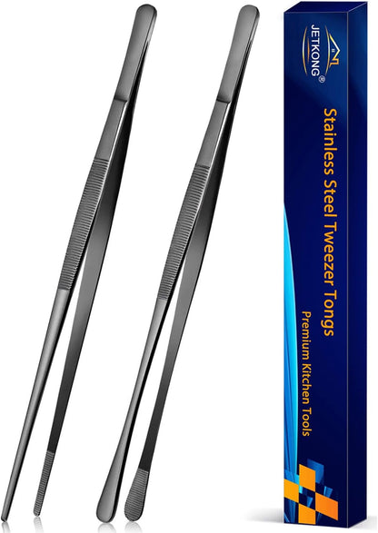 2 Pcs 12-Inch Kitchen Tweezers Tongs with Precision Serrated Tips, Stainless Steel Chef Tweezer Professional Cooking Tweezers for BBQ, Plating and Serving (12-Inch, Black)