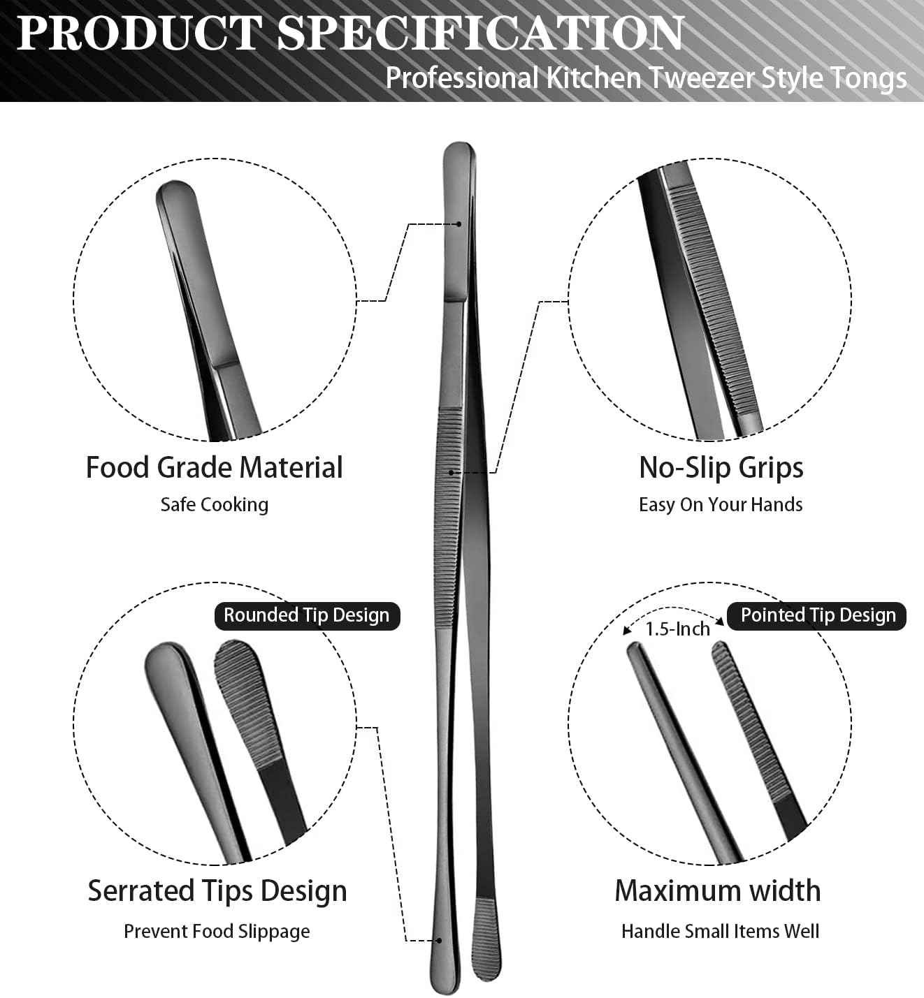 2 Pcs 12-Inch Kitchen Tweezers Tongs with Precision Serrated Tips, Stainless Steel Chef Tweezer Professional Cooking Tweezers for BBQ, Plating and Serving (12-Inch, Black)