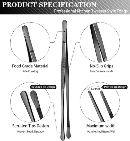 2 Pcs 12-Inch Kitchen Tweezers Tongs with Precision Serrated Tips, Stainless Steel Chef Tweezer Professional Cooking Tweezers for BBQ, Plating and Serving (12-Inch, Black)