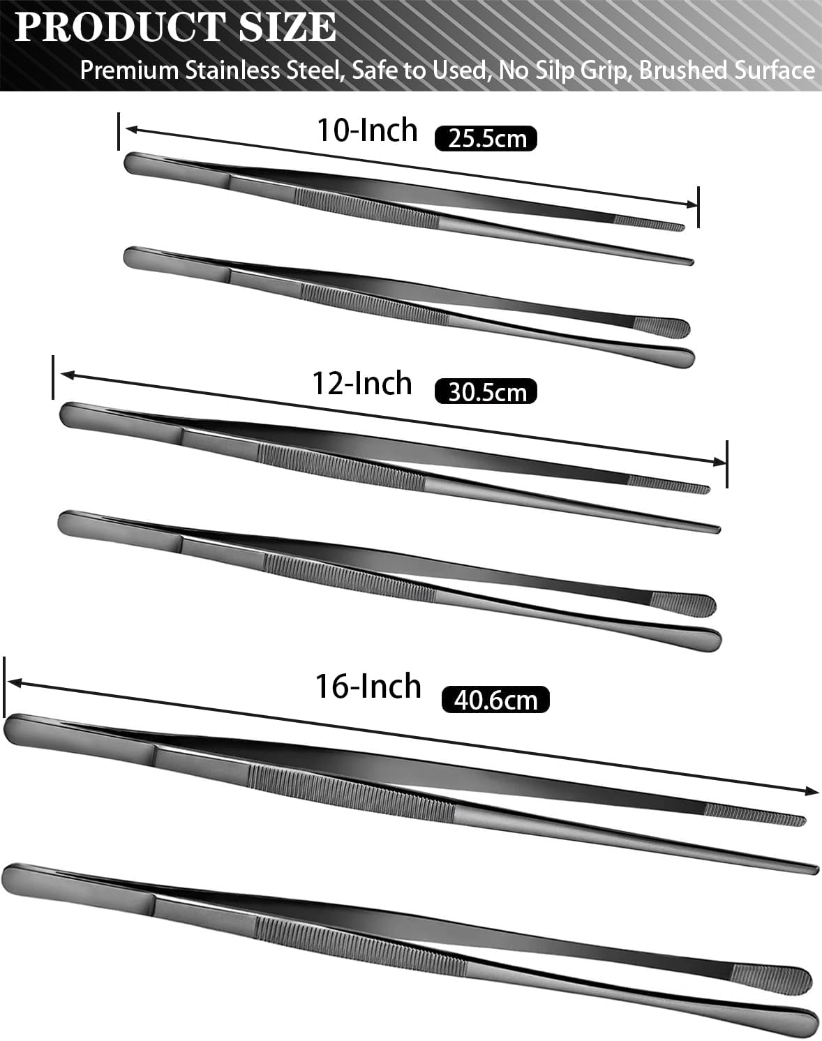 2 Pcs 12-Inch Kitchen Tweezers Tongs with Precision Serrated Tips, Stainless Steel Chef Tweezer Professional Cooking Tweezers for BBQ, Plating and Serving (12-Inch, Black)