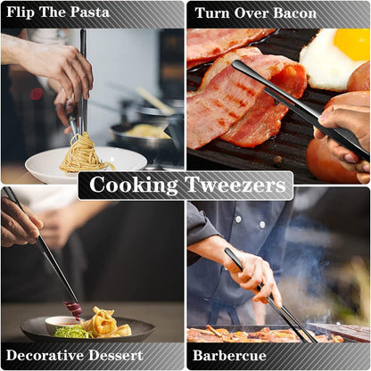 2 Pcs 12-Inch Kitchen Tweezers Tongs with Precision Serrated Tips, Stainless Steel Chef Tweezer Professional Cooking Tweezers for BBQ, Plating and Serving (12-Inch, Black)