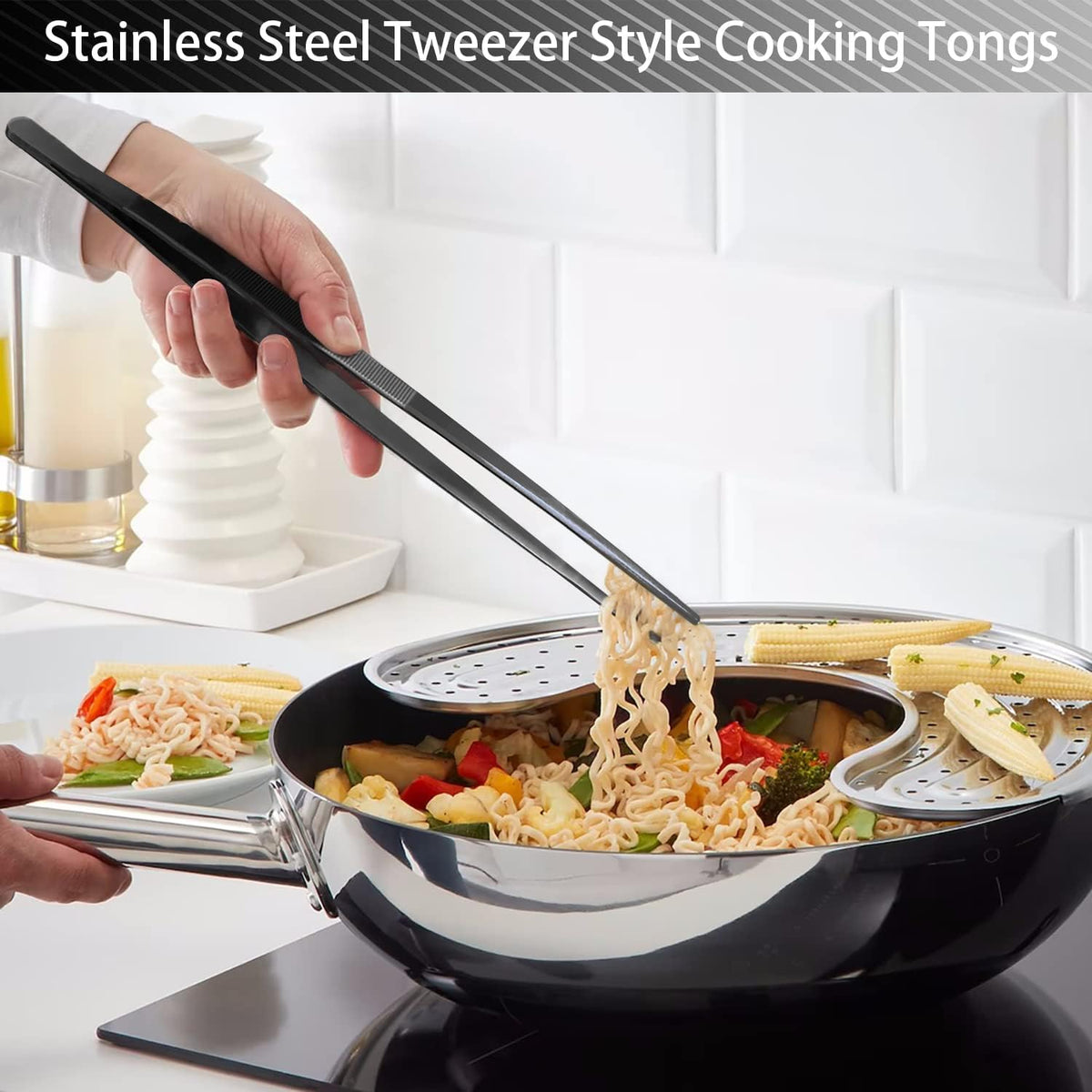 2 Pcs 12-Inch Kitchen Tweezers Tongs with Precision Serrated Tips, Stainless Steel Chef Tweezer Professional Cooking Tweezers for BBQ, Plating and Serving (12-Inch, Black)