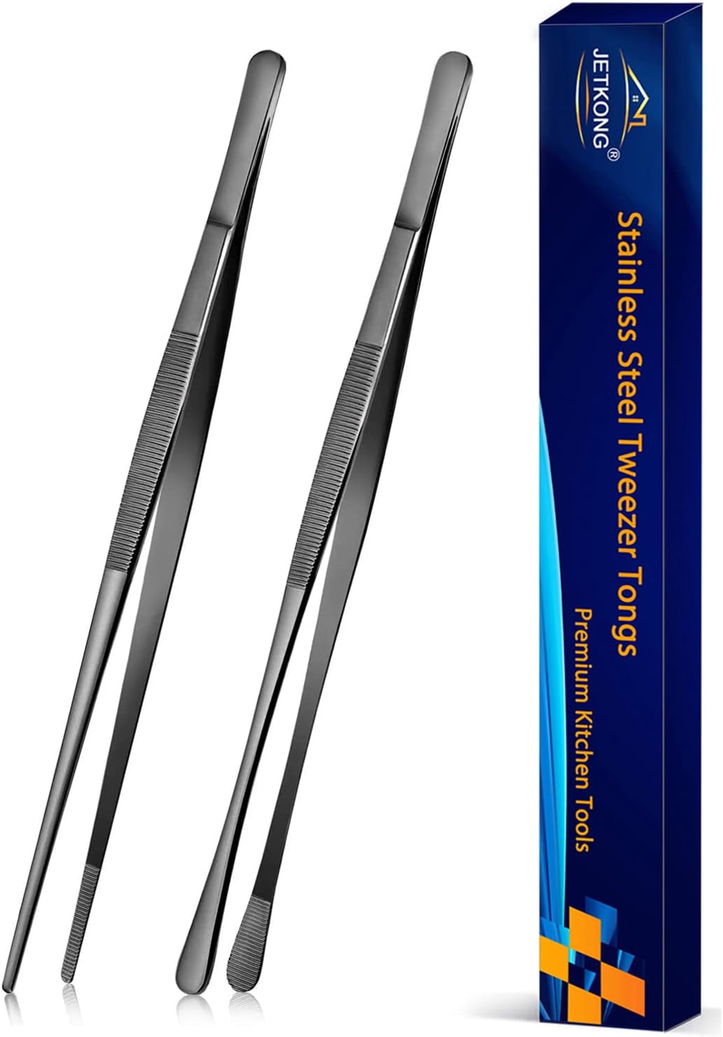 2 Pcs 12-Inch Kitchen Tweezers Tongs with Precision Serrated Tips, Stainless Steel Chef Tweezer Professional Cooking Tweezers for BBQ, Plating and Serving (12-Inch, Black)