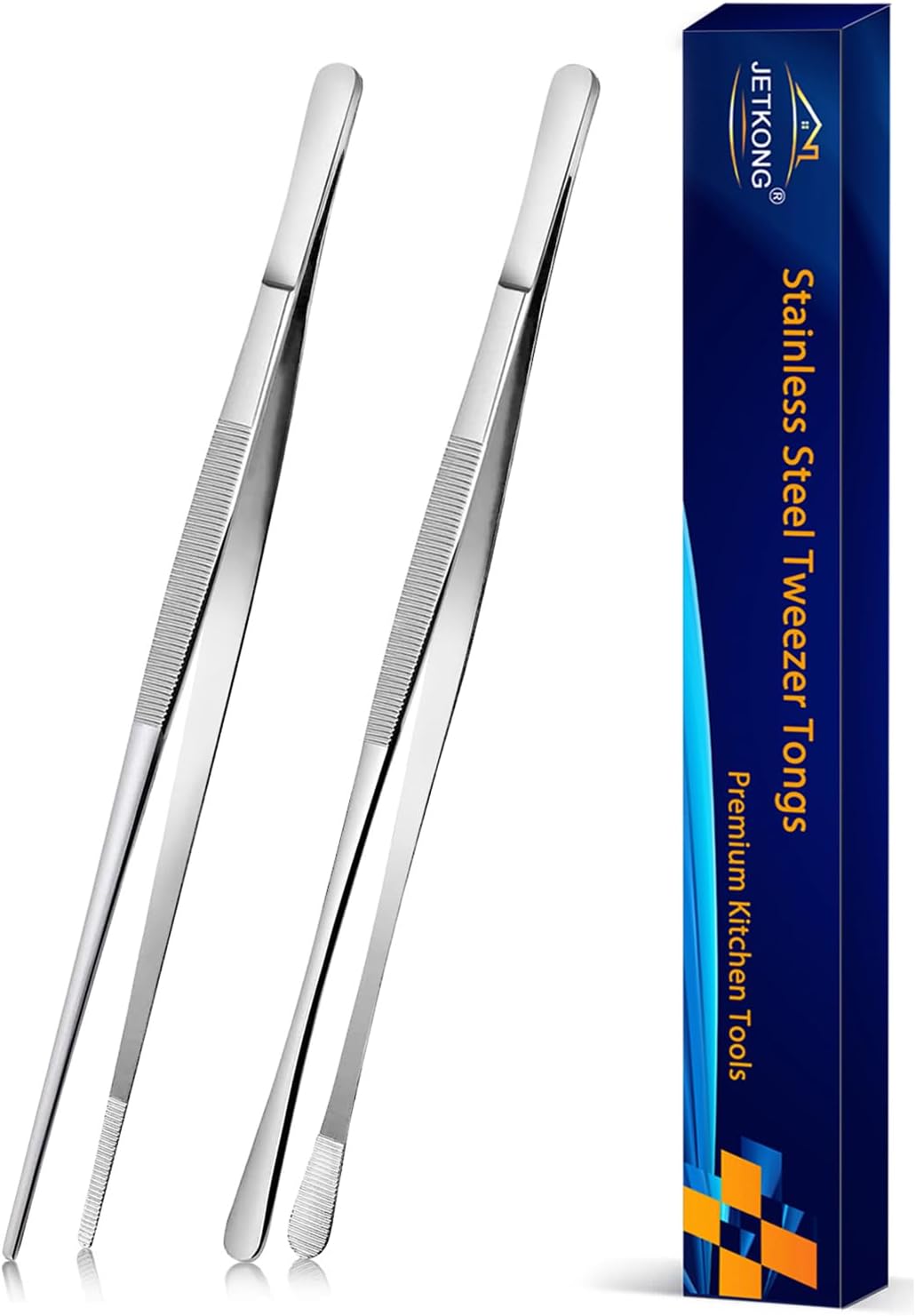 2 Pcs 12-Inch Kitchen Tweezers Tongs with Precision Serrated Tips, Stainless Steel Chef Tweezer Professional Cooking Tweezers for BBQ, Plating and Serving (12-Inch, Black)