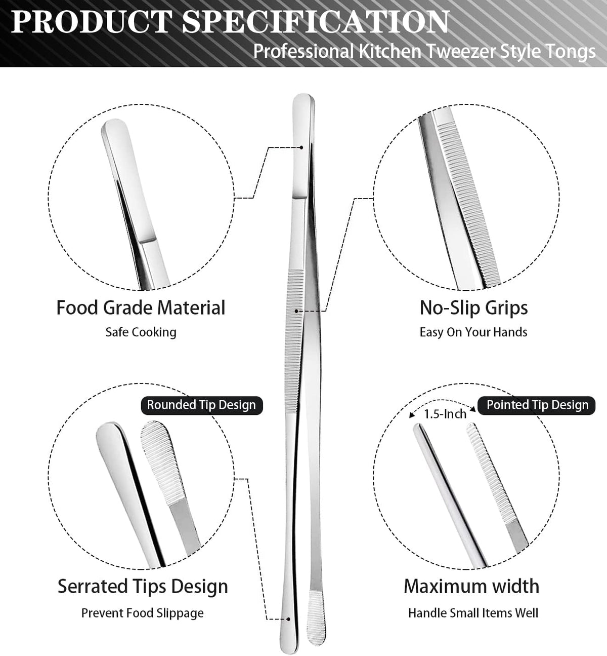 2 Pcs 12-Inch Kitchen Tweezers Tongs with Precision Serrated Tips, Stainless Steel Chef Tweezer Professional Cooking Tweezers for BBQ, Plating and Serving (12-Inch, Black)