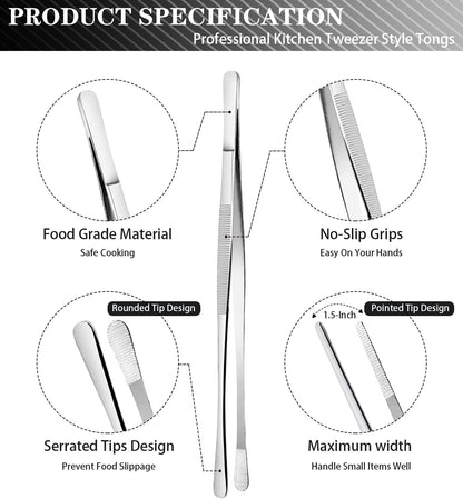 2 Pcs 12-Inch Kitchen Tweezers Tongs with Precision Serrated Tips, Stainless Steel Chef Tweezer Professional Cooking Tweezers for BBQ, Plating and Serving (12-Inch, Black)