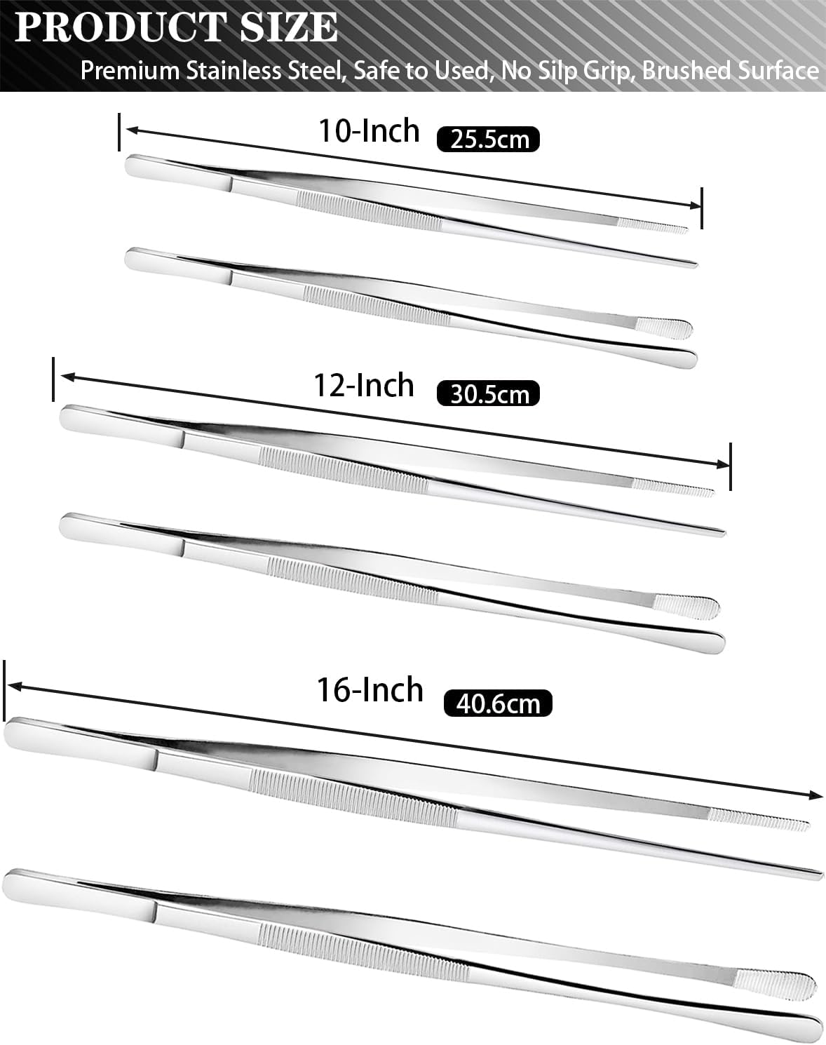 2 Pcs 12-Inch Kitchen Tweezers Tongs with Precision Serrated Tips, Stainless Steel Chef Tweezer Professional Cooking Tweezers for BBQ, Plating and Serving (12-Inch, Black)