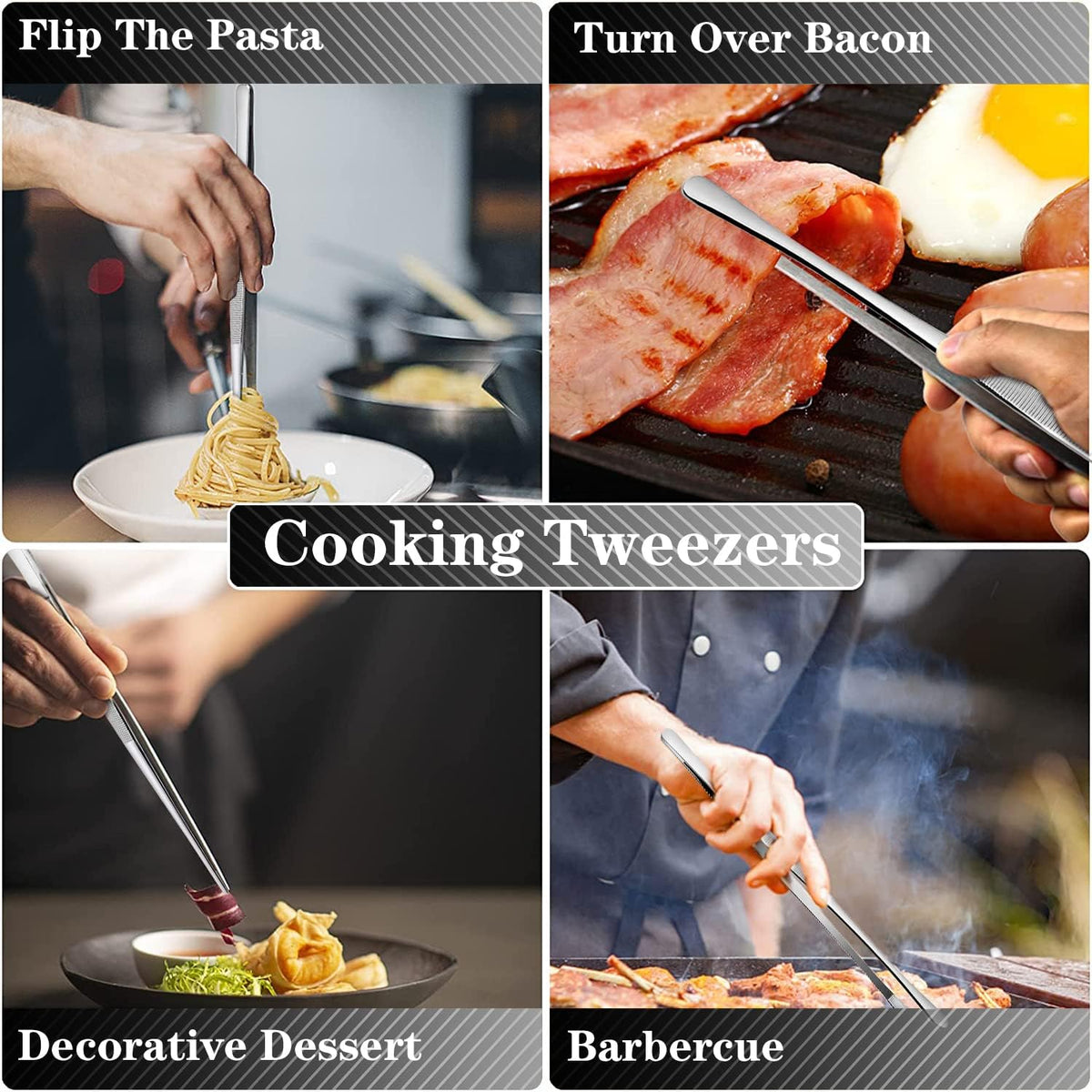 2 Pcs 12-Inch Kitchen Tweezers Tongs with Precision Serrated Tips, Stainless Steel Chef Tweezer Professional Cooking Tweezers for BBQ, Plating and Serving (12-Inch, Black)