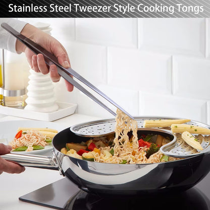 2 Pcs 12-Inch Kitchen Tweezers Tongs with Precision Serrated Tips, Stainless Steel Chef Tweezer Professional Cooking Tweezers for BBQ, Plating and Serving (12-Inch, Black)