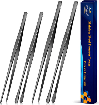 2 Pcs 12-Inch Kitchen Tweezers Tongs with Precision Serrated Tips, Stainless Steel Chef Tweezer Professional Cooking Tweezers for BBQ, Plating and Serving (12-Inch, Black)