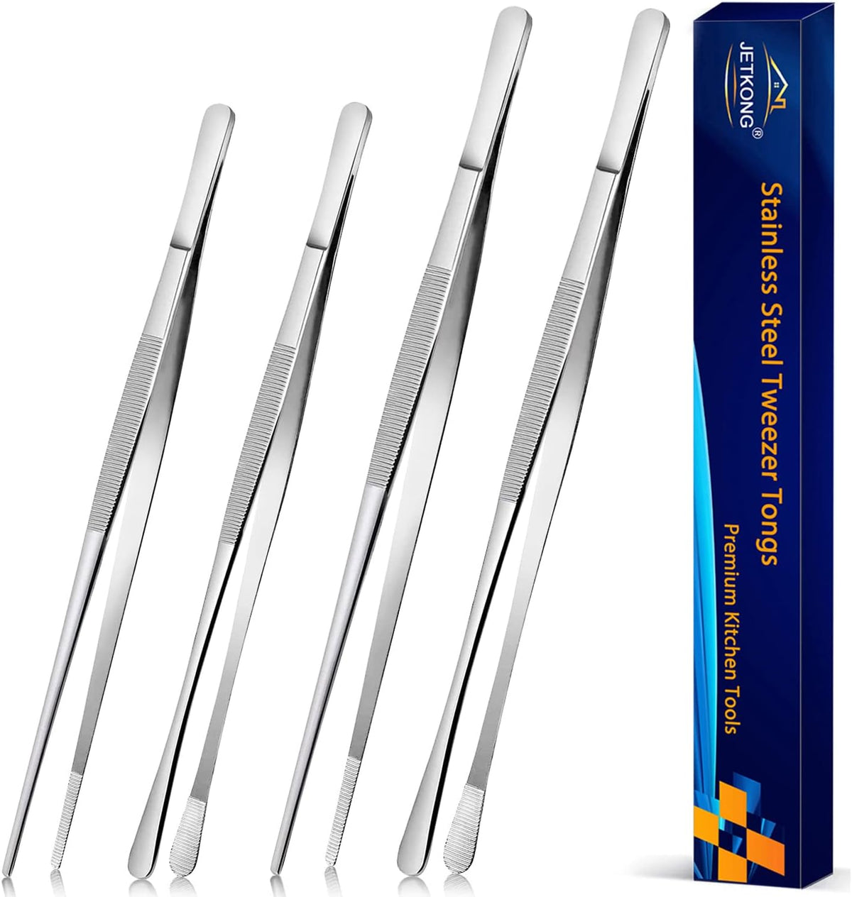 2 Pcs 12-Inch Kitchen Tweezers Tongs with Precision Serrated Tips, Stainless Steel Chef Tweezer Professional Cooking Tweezers for BBQ, Plating and Serving (12-Inch, Black)