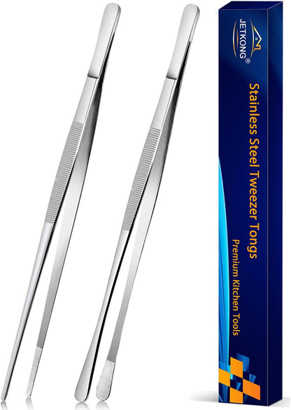 2 Pcs 12-Inch Kitchen Tweezers Tongs with Precision Serrated Tips, Stainless Steel Chef Tweezer Professional Cooking Tweezers for BBQ, Plating and Serving (12-Inch, Black)