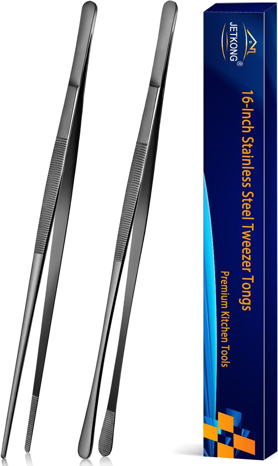 2 Pcs 12-Inch Kitchen Tweezers Tongs with Precision Serrated Tips, Stainless Steel Chef Tweezer Professional Cooking Tweezers for BBQ, Plating and Serving (12-Inch, Black)