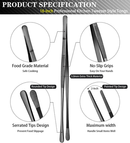 2 Pcs 12-Inch Kitchen Tweezers Tongs with Precision Serrated Tips, Stainless Steel Chef Tweezer Professional Cooking Tweezers for BBQ, Plating and Serving (12-Inch, Black)