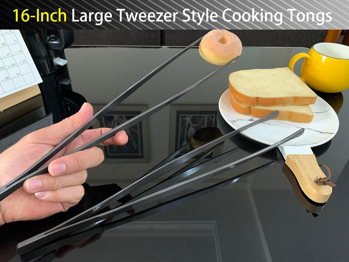 2 Pcs 12-Inch Kitchen Tweezers Tongs with Precision Serrated Tips, Stainless Steel Chef Tweezer Professional Cooking Tweezers for BBQ, Plating and Serving (12-Inch, Black)