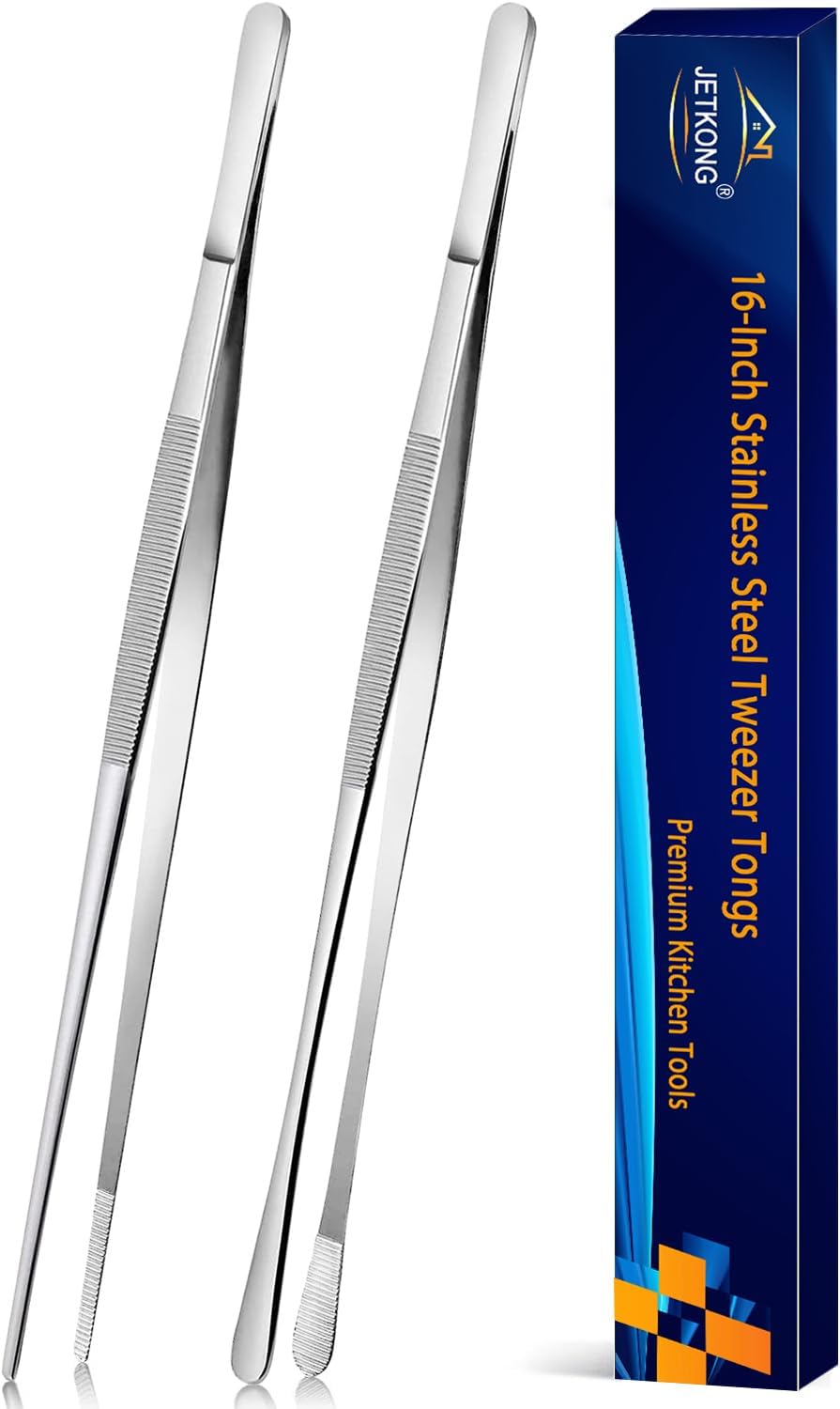 2 Pcs 12-Inch Kitchen Tweezers Tongs with Precision Serrated Tips, Stainless Steel Chef Tweezer Professional Cooking Tweezers for BBQ, Plating and Serving (12-Inch, Black)