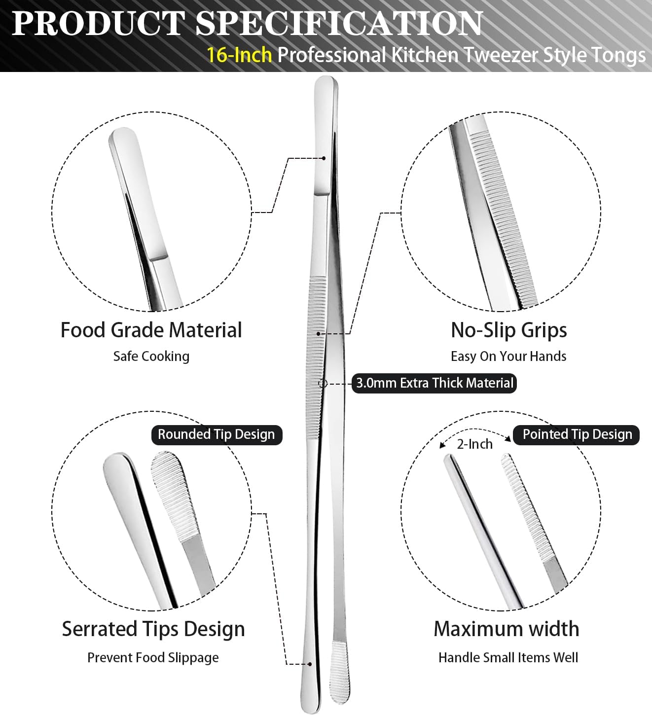 2 Pcs 12-Inch Kitchen Tweezers Tongs with Precision Serrated Tips, Stainless Steel Chef Tweezer Professional Cooking Tweezers for BBQ, Plating and Serving (12-Inch, Black)
