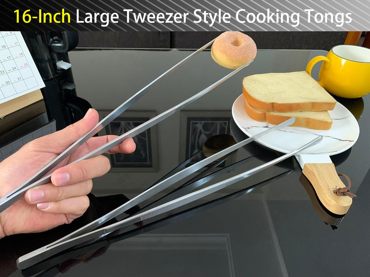 2 Pcs 12-Inch Kitchen Tweezers Tongs with Precision Serrated Tips, Stainless Steel Chef Tweezer Professional Cooking Tweezers for BBQ, Plating and Serving (12-Inch, Black)