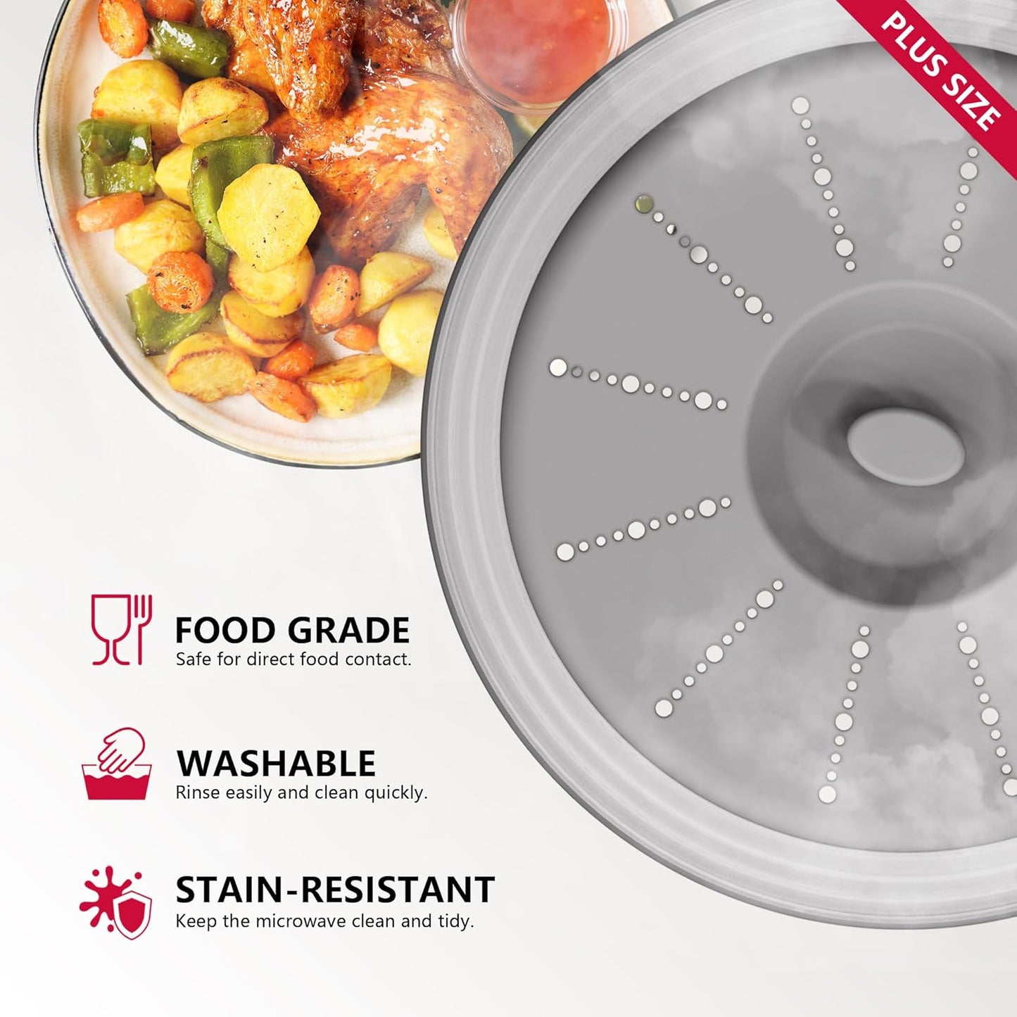 Microwave Splatter Cover Vented for Food with Hook Hole, Splatter Guard & Colander Kitchen Gadget for Food, Meal Prep, Grey