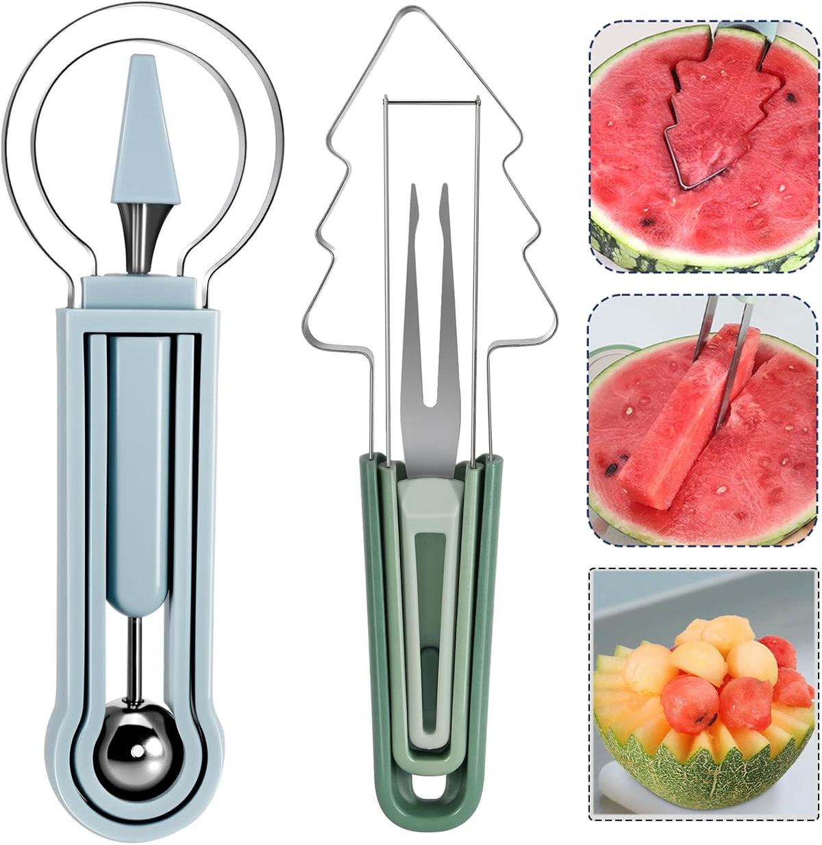 3-in-1 Watermelon cutter slicer tool set,Includes Christmas Tree Shaped Watermelon Slicer Cutter Tool and Melon Baller Scoop,Fruit Carving Tools for Watermelon,Cantaloupe and Dragon Fruit.