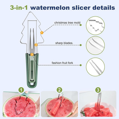 3-in-1 Watermelon cutter slicer tool set,Includes Christmas Tree Shaped Watermelon Slicer Cutter Tool and Melon Baller Scoop,Fruit Carving Tools for Watermelon,Cantaloupe and Dragon Fruit.