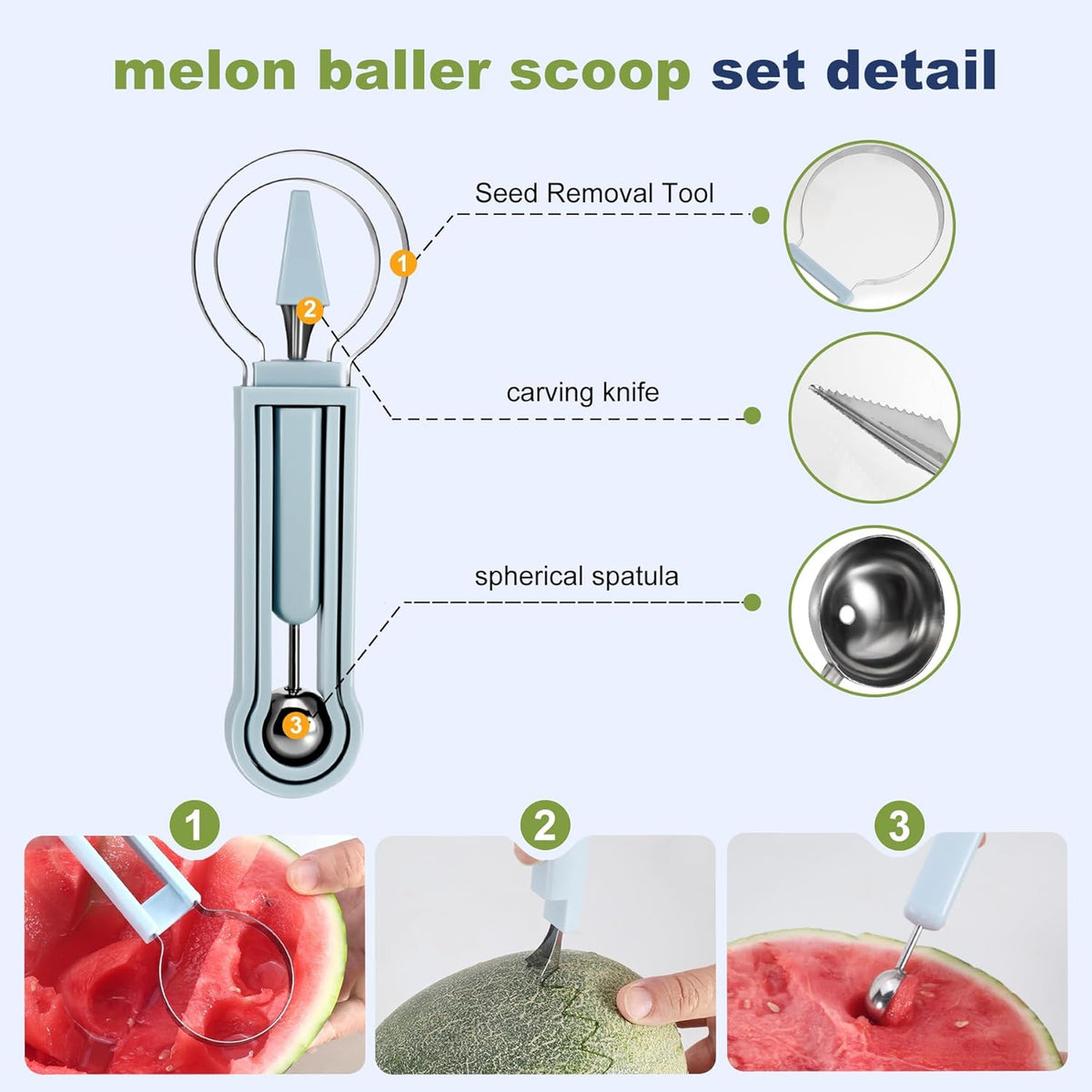 3-in-1 Watermelon cutter slicer tool set,Includes Christmas Tree Shaped Watermelon Slicer Cutter Tool and Melon Baller Scoop,Fruit Carving Tools for Watermelon,Cantaloupe and Dragon Fruit.