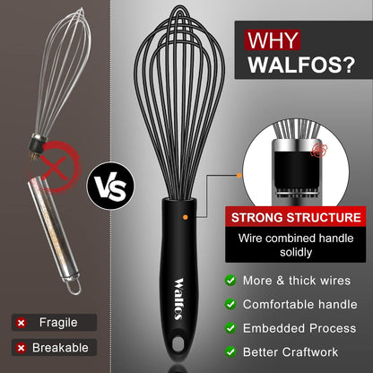 Silicone Whisk,Stainless Steel Wire Whisk Set of 3 -Heat Resistant 480°F Kitchen Whisks for Non-stick Cookware,Balloon Egg Beater Perfect for Blending,Whisking,Beating,Frothing & Stirring,Black