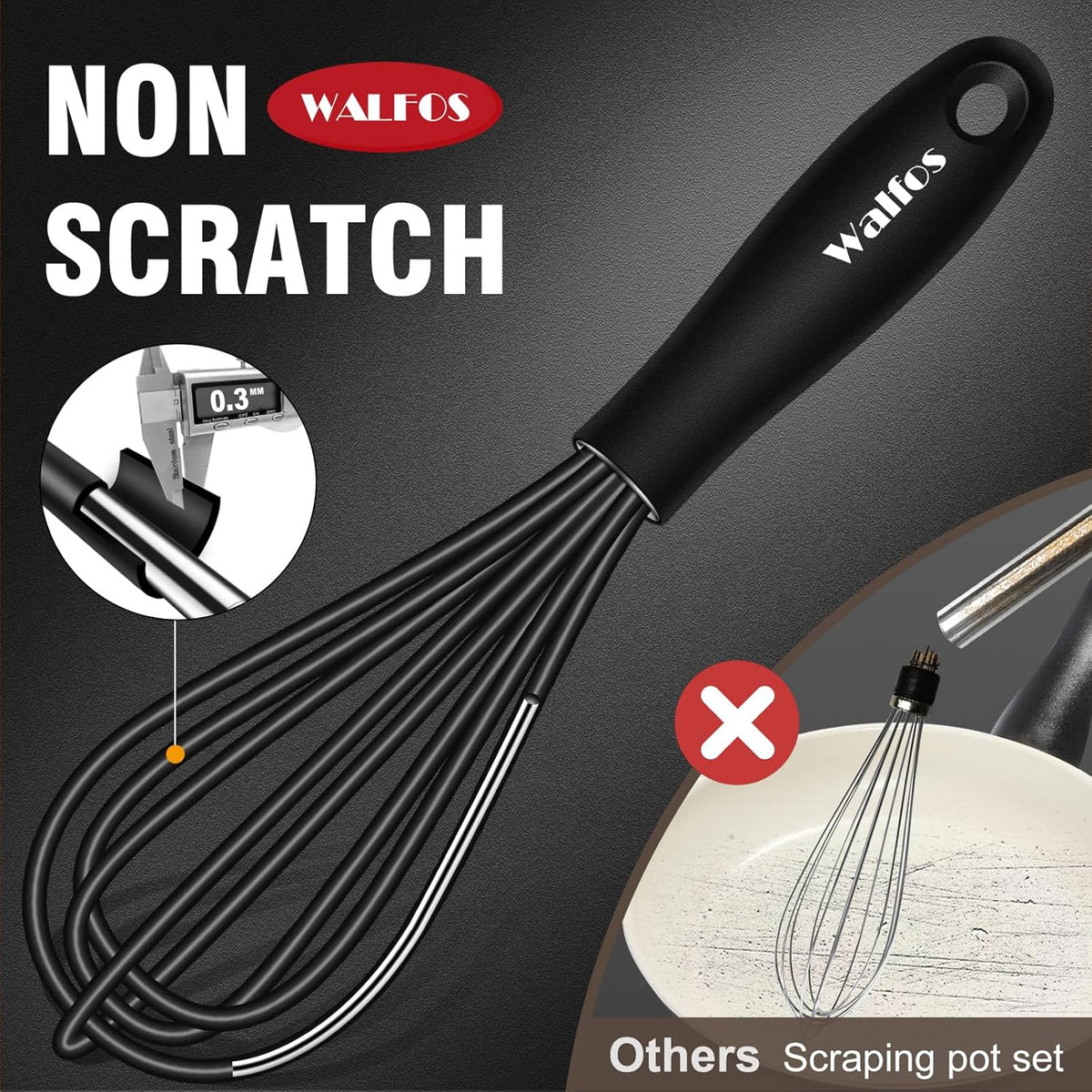 Silicone Whisk,Stainless Steel Wire Whisk Set of 3 -Heat Resistant 480°F Kitchen Whisks for Non-stick Cookware,Balloon Egg Beater Perfect for Blending,Whisking,Beating,Frothing & Stirring,Black