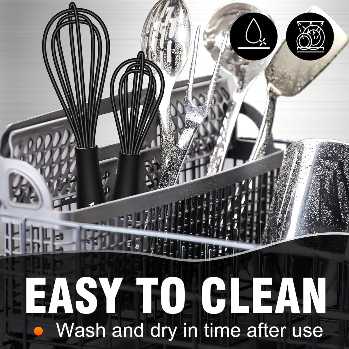 Silicone Whisk,Stainless Steel Wire Whisk Set of 3 -Heat Resistant 480°F Kitchen Whisks for Non-stick Cookware,Balloon Egg Beater Perfect for Blending,Whisking,Beating,Frothing & Stirring,Black
