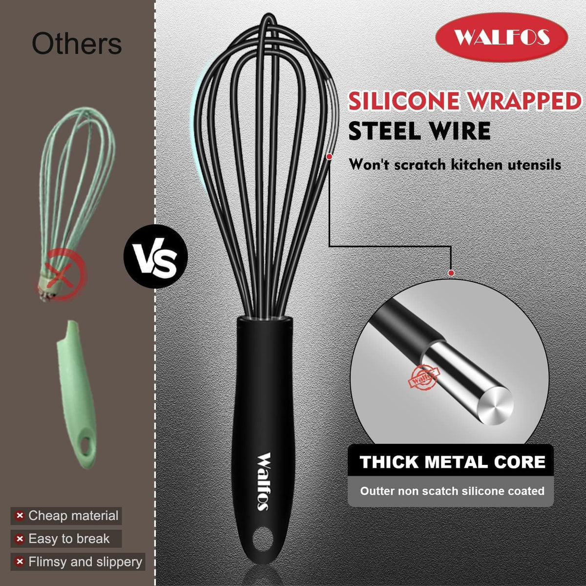 Silicone Whisk,Stainless Steel Wire Whisk Set of 3 -Heat Resistant 480°F Kitchen Whisks for Non-stick Cookware,Balloon Egg Beater Perfect for Blending,Whisking,Beating,Frothing & Stirring,Black