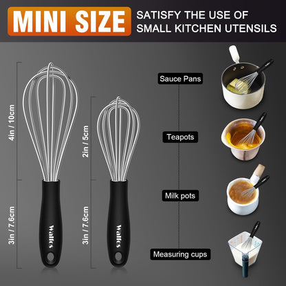 Silicone Whisk,Stainless Steel Wire Whisk Set of 3 -Heat Resistant 480°F Kitchen Whisks for Non-stick Cookware,Balloon Egg Beater Perfect for Blending,Whisking,Beating,Frothing & Stirring,Black