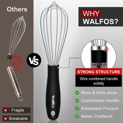 Silicone Whisk,Stainless Steel Wire Whisk Set of 3 -Heat Resistant 480°F Kitchen Whisks for Non-stick Cookware,Balloon Egg Beater Perfect for Blending,Whisking,Beating,Frothing & Stirring,Black