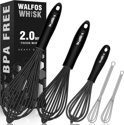 Silicone Whisk,Stainless Steel Wire Whisk Set of 3 -Heat Resistant 480°F Kitchen Whisks for Non-stick Cookware,Balloon Egg Beater Perfect for Blending,Whisking,Beating,Frothing & Stirring,Black