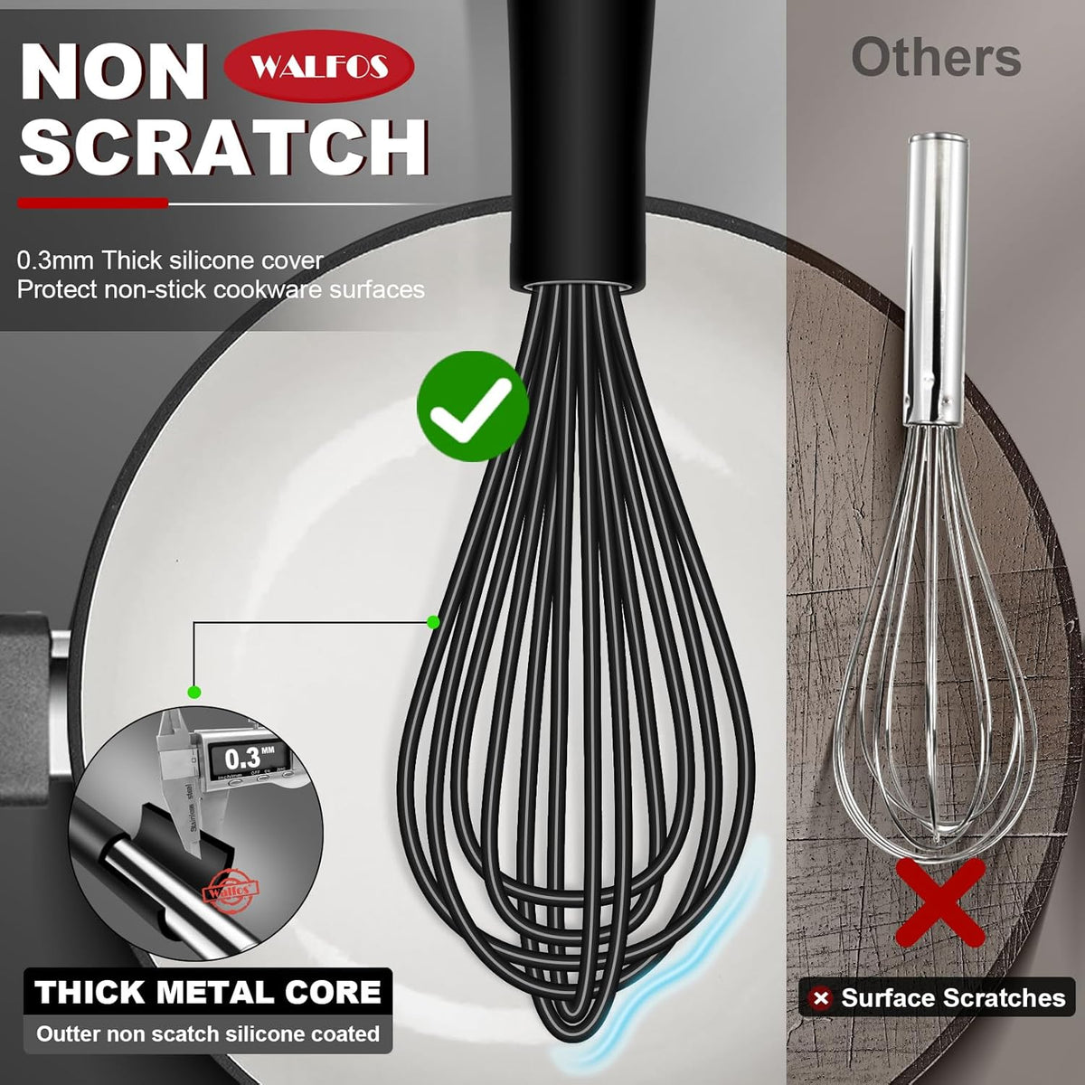 Silicone Whisk,Stainless Steel Wire Whisk Set of 3 -Heat Resistant 480°F Kitchen Whisks for Non-stick Cookware,Balloon Egg Beater Perfect for Blending,Whisking,Beating,Frothing & Stirring,Black