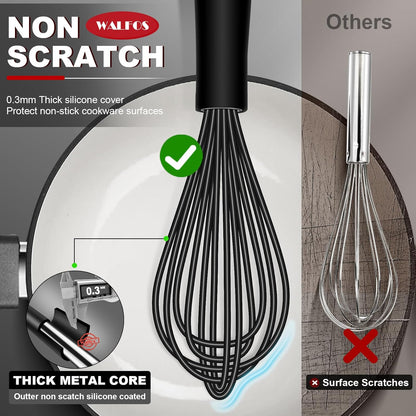 Silicone Whisk,Stainless Steel Wire Whisk Set of 3 -Heat Resistant 480°F Kitchen Whisks for Non-stick Cookware,Balloon Egg Beater Perfect for Blending,Whisking,Beating,Frothing & Stirring,Black
