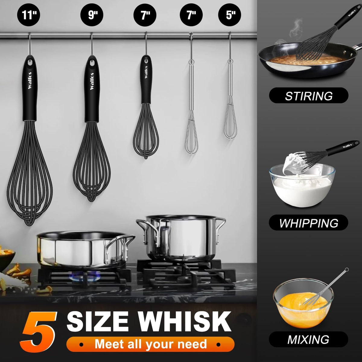 Silicone Whisk,Stainless Steel Wire Whisk Set of 3 -Heat Resistant 480°F Kitchen Whisks for Non-stick Cookware,Balloon Egg Beater Perfect for Blending,Whisking,Beating,Frothing & Stirring,Black