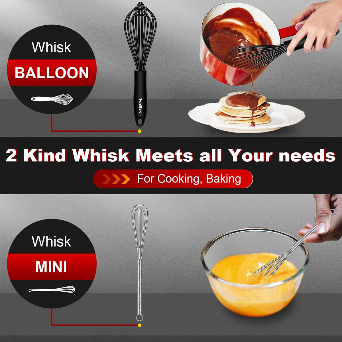 Silicone Whisk,Stainless Steel Wire Whisk Set of 3 -Heat Resistant 480°F Kitchen Whisks for Non-stick Cookware,Balloon Egg Beater Perfect for Blending,Whisking,Beating,Frothing & Stirring,Black