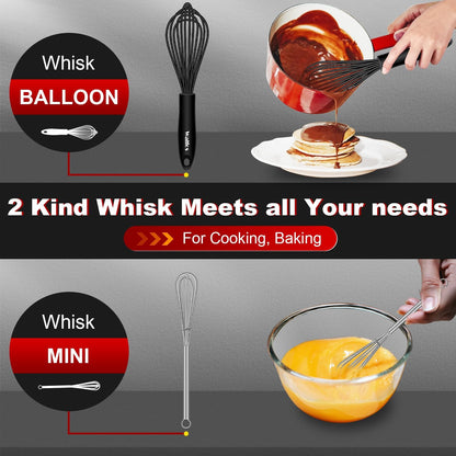 Silicone Whisk,Stainless Steel Wire Whisk Set of 3 -Heat Resistant 480°F Kitchen Whisks for Non-stick Cookware,Balloon Egg Beater Perfect for Blending,Whisking,Beating,Frothing & Stirring,Black
