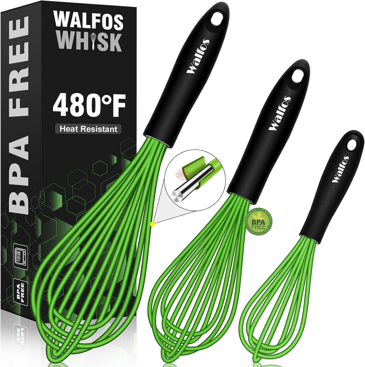Silicone Whisk,Stainless Steel Wire Whisk Set of 3 -Heat Resistant 480°F Kitchen Whisks for Non-stick Cookware,Balloon Egg Beater Perfect for Blending,Whisking,Beating,Frothing & Stirring,Black