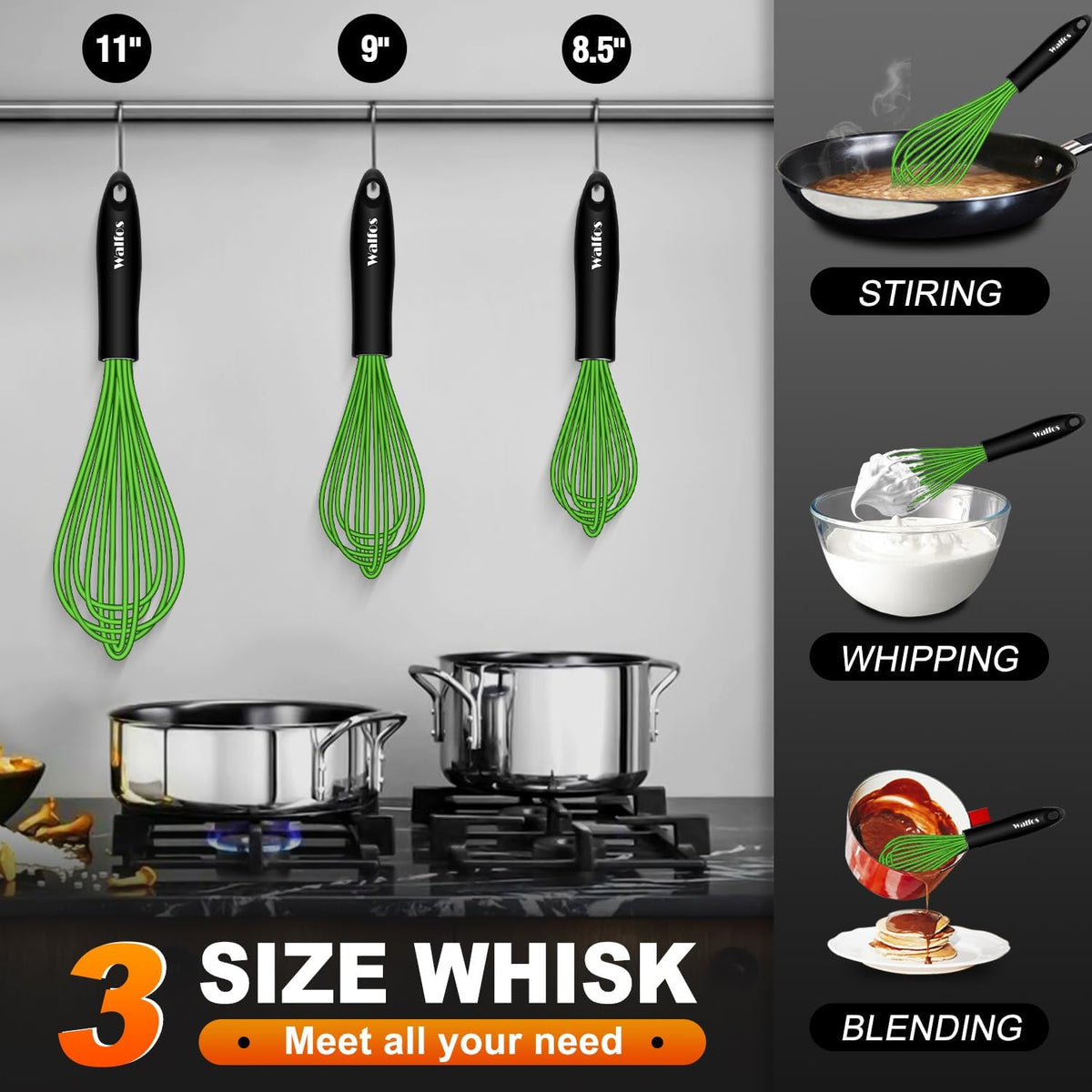 Silicone Whisk,Stainless Steel Wire Whisk Set of 3 -Heat Resistant 480°F Kitchen Whisks for Non-stick Cookware,Balloon Egg Beater Perfect for Blending,Whisking,Beating,Frothing & Stirring,Black