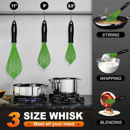 Silicone Whisk,Stainless Steel Wire Whisk Set of 3 -Heat Resistant 480°F Kitchen Whisks for Non-stick Cookware,Balloon Egg Beater Perfect for Blending,Whisking,Beating,Frothing & Stirring,Black