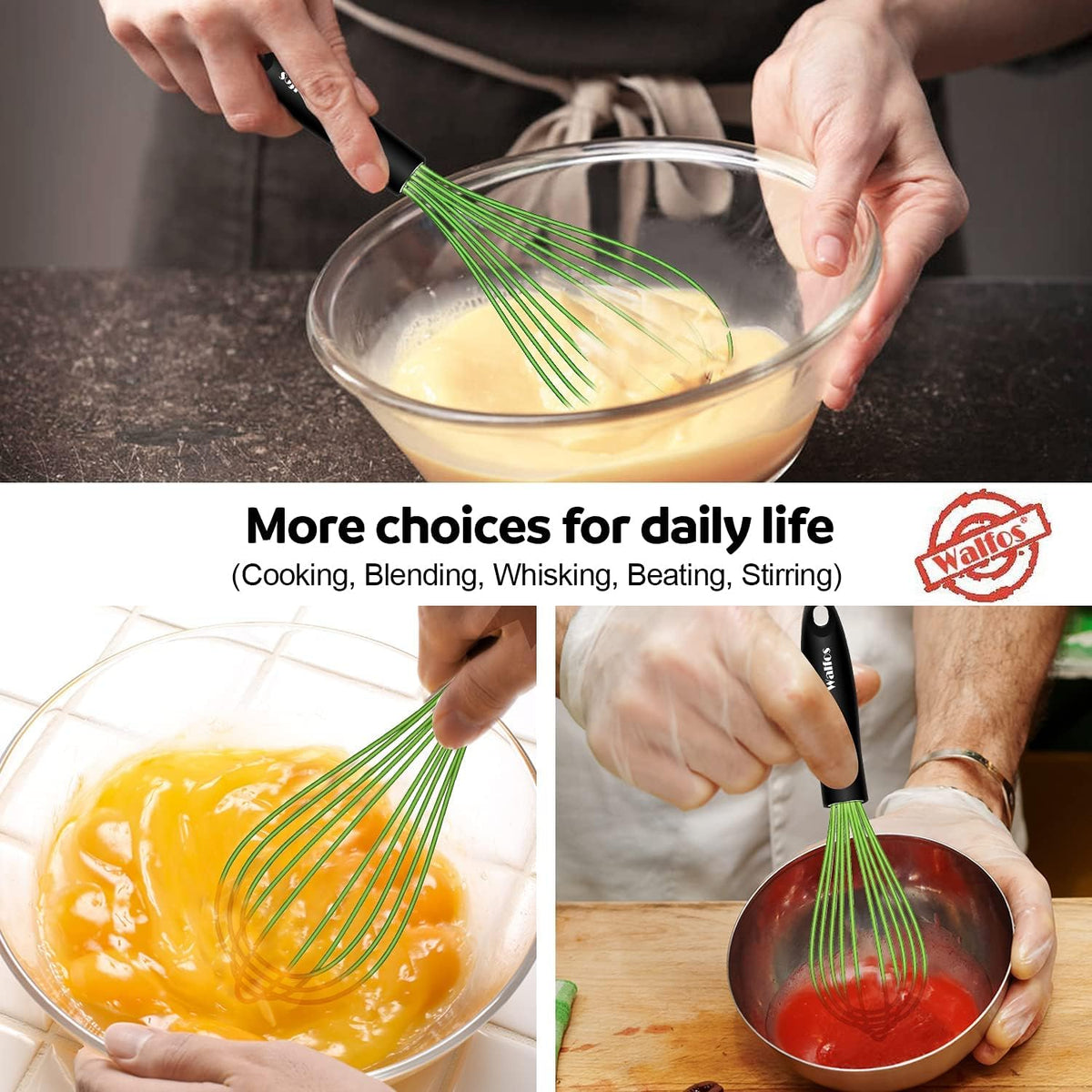 Silicone Whisk,Stainless Steel Wire Whisk Set of 3 -Heat Resistant 480°F Kitchen Whisks for Non-stick Cookware,Balloon Egg Beater Perfect for Blending,Whisking,Beating,Frothing & Stirring,Black