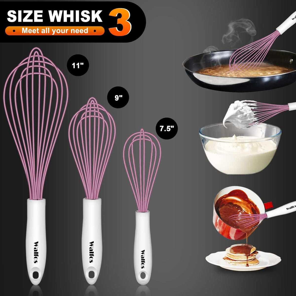 Silicone Whisk,Stainless Steel Wire Whisk Set of 3 -Heat Resistant 480°F Kitchen Whisks for Non-stick Cookware,Balloon Egg Beater Perfect for Blending,Whisking,Beating,Frothing & Stirring,Black