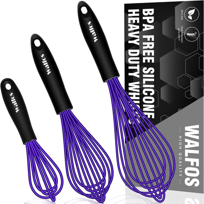 Silicone Whisk,Stainless Steel Wire Whisk Set of 3 -Heat Resistant 480°F Kitchen Whisks for Non-stick Cookware,Balloon Egg Beater Perfect for Blending,Whisking,Beating,Frothing & Stirring,Black