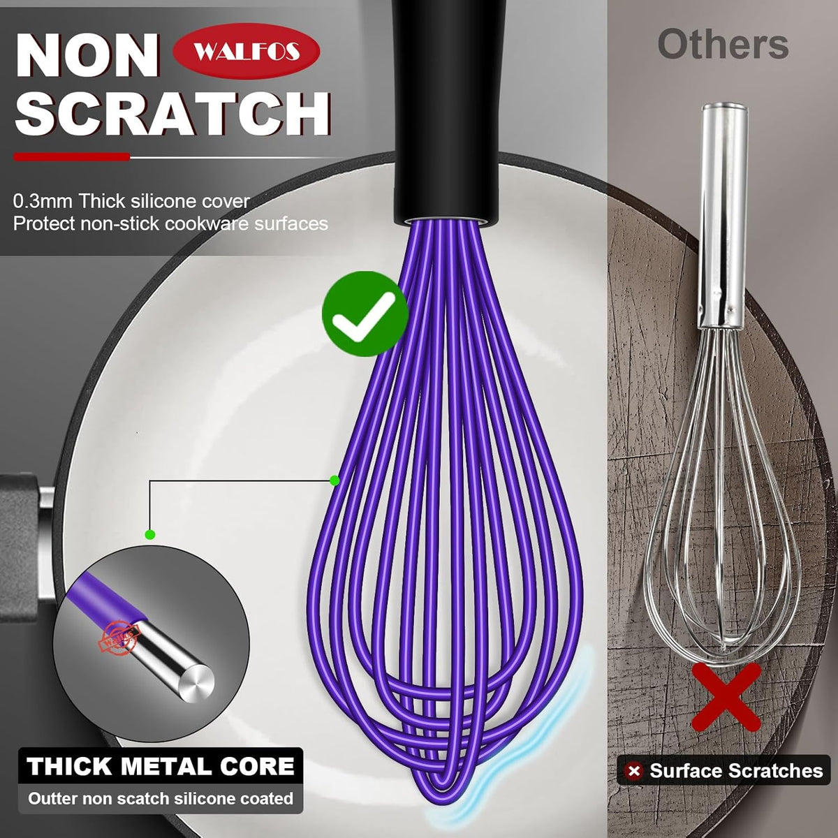 Silicone Whisk,Stainless Steel Wire Whisk Set of 3 -Heat Resistant 480°F Kitchen Whisks for Non-stick Cookware,Balloon Egg Beater Perfect for Blending,Whisking,Beating,Frothing & Stirring,Black