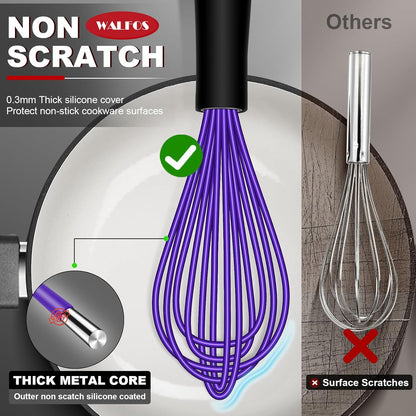 Silicone Whisk,Stainless Steel Wire Whisk Set of 3 -Heat Resistant 480°F Kitchen Whisks for Non-stick Cookware,Balloon Egg Beater Perfect for Blending,Whisking,Beating,Frothing & Stirring,Black